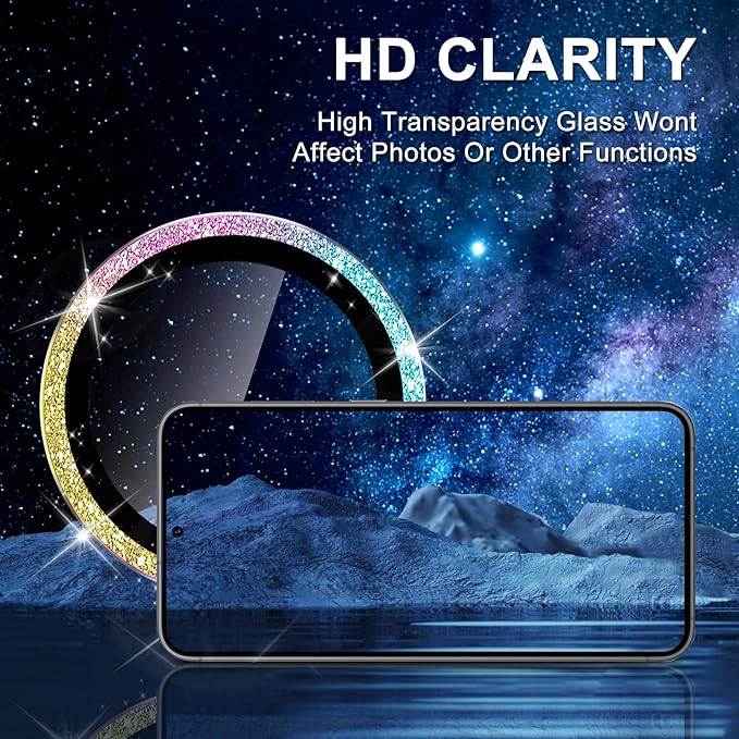 for Samsung Galaxy S25 Plus Camera Lens Protector, Individual Metal Ring Tempered Glass Lens Cover, [Strong Adsorption] Scratch Resistant Ultra-Thin HD Clear Lens Cover, 1 Set-Colorful Sparkly