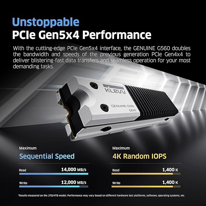 KLEVV Genuine G560 2TB M.2 2280 NVMe PCIe Gen5x4 Internal SSD Heatsink Included, up to 14000MB/s with DRAM Cash (K02TBM2SP0-G56)