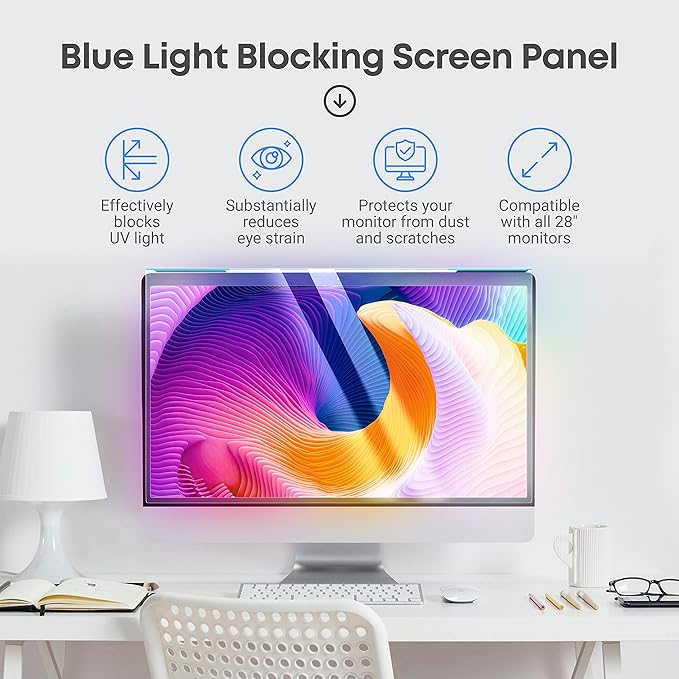 VINTEZ Blue Light Screen Protector for 28 Inch Computer Monitor and Laptop – Anti-UV Blue Light Blocking Film for Desktop PC, Eye Protection Filter, 24.9" x 15.5", 1 Pack