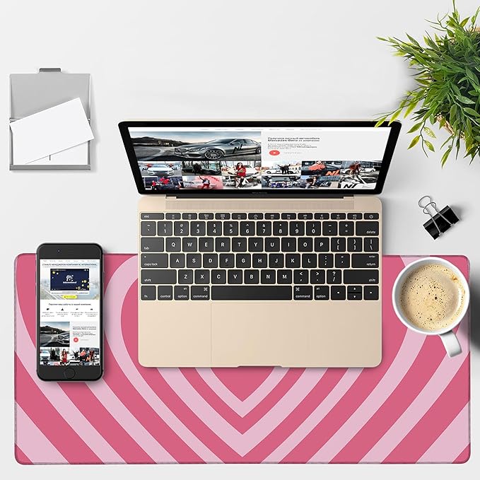 Gaming Desk Pad Large Extra Length Retro Style Hearts Mouse Pad Keyboard Laptop Non-Slip Waterproof with Rubber Base Thick Stitched Edge Mouse Mat for Office Home 35.4 x 15.7 Inches