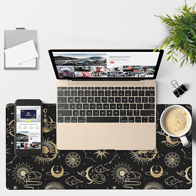 Gaming Desk Pad Large Extra Length Clouds, Moon and Sun Mouse Pad Keyboard Laptop Non-Slip Waterproof with Rubber Base Thick Stitched Edge Mouse Mat for Office Home 35.4 x 15.7 Inches