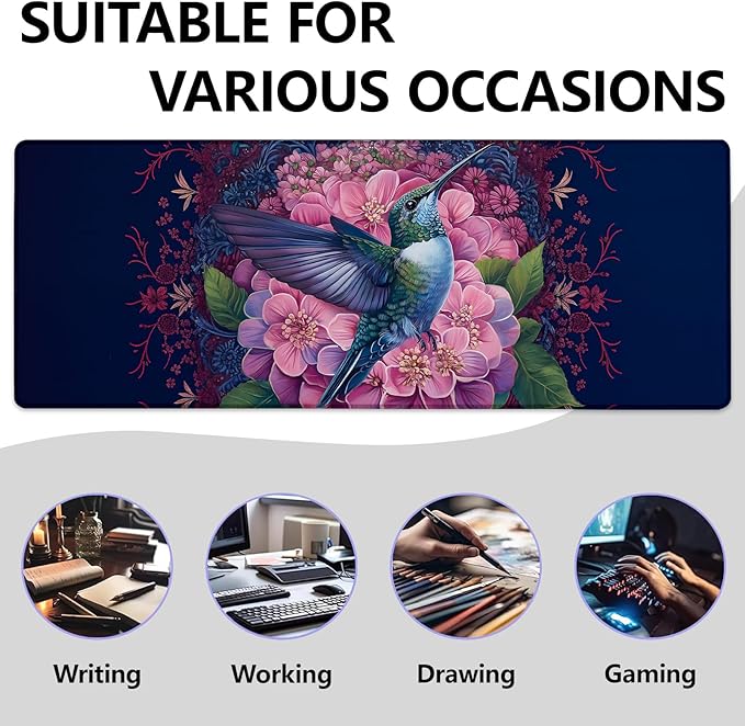 Floral and Hummingbird Large Mouse Pad, Gaming Mouse Pad, Keyboard Mat, Non-Slip Rubber Base, Office Accessories, Desk Mat, MousePads for School, Work, Home Decor Gifts 31.5" x 11.8"