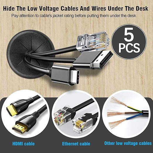 2" Black Desk Grommet, JTemgle Flexible Cable Grommet Rubber Cable Hole Cover Wire Organizer Caps Desktop Cord Management for Home Office TV Stands Tabletops, 5 Pieces