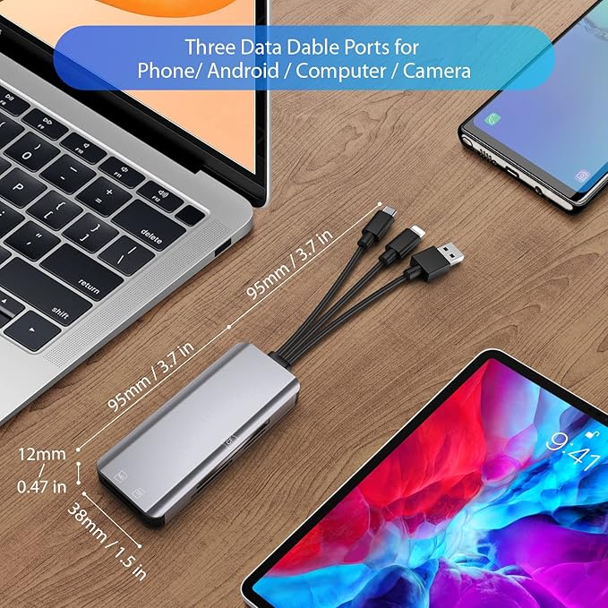 5-in-1 Multi Memory Card Reader,Aluminum SD/TF/CF/MS/M2/Micro SD Card Reader Adapter for i-Phone/i-Pad USB C and USB A Devices,No Application Required Plug and Play