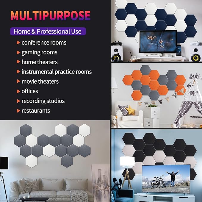 Mollywell Hexagon Acoustic Panels, High Density, Soundproofing, Decorative Noise Reduction Felt Wall Tiles for Ceilings, Home Office & Gaming Room (Sky Blue), 14x12x0.4 Inch