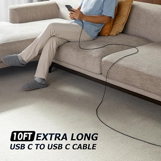 Long USB C to USB C Cable 10FT 2Pack, USB C Charger Cable 100W Fast Charging Cord Braided, Type C Cable for iPhone 16 15/15Plus/15Pro/Max, MacBook Pro/Air, iPad Pro/Air/Mini,Samsung,Pixel,Laptop