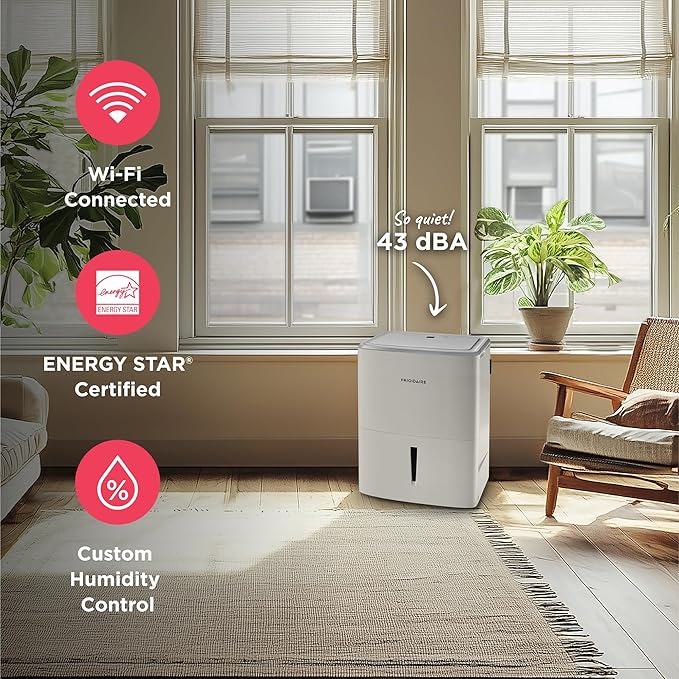Frigidaire 22-Pint Portable Dehumidifier with Wi-Fi and Energy Star Certification for Small/Medium Rooms, Bedrooms & Bathrooms, Custom Humidity Control, Auto Shut Off, White