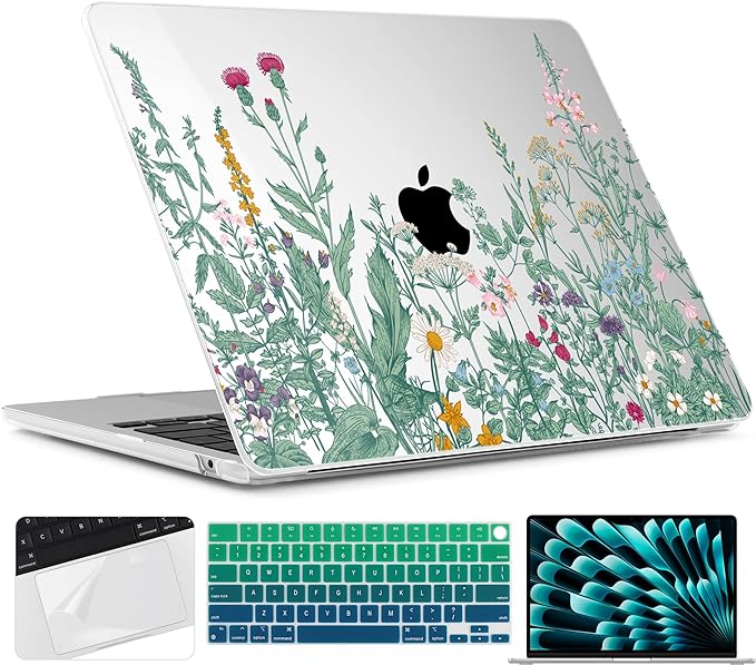 TWOLSKOO for M4 MacBook Air 13.6 inch Case 2025-2022 Release M4 A3240 M3 A3113 M2 A2681, Plastic Hard Shell & Screen Protector & Keyboard Cover & Trackpad Film, Botanical Illustration