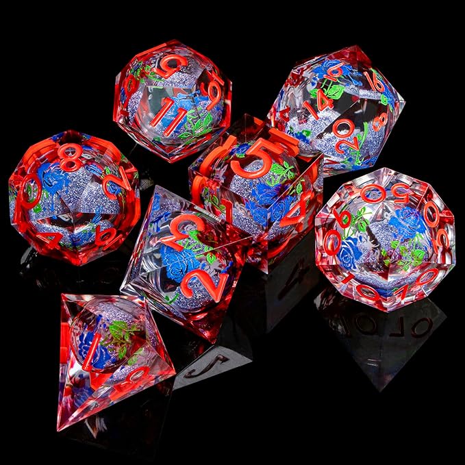 ARUOHHA Liquid Core DND Dice Set, Vampire Sharp Edged Dragons Dice Compatible with D&D RPG Role Playing Games, Resin Blood Red Polyhedral Dungeons D and D Dice with Gift Box D20 D12 D10 D8 D6 D4
