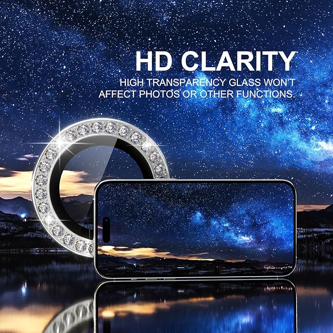 Choiche Compatible for iPhone 15 Pro/iPhone 15 Pro Max Camera Lens Protector Bling, 9H Tempered Glass Camera Cover Screen Protector Metal Ring Decoration Accessories (Diamond-Silver)