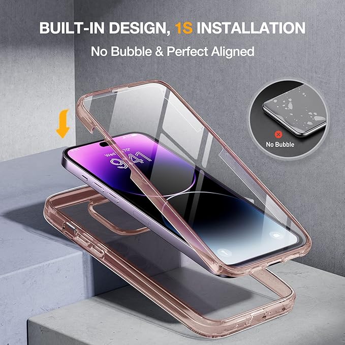 Miracase Glass Series Designed for iPhone 14 Pro Max Case 6.7 Inch, Upgrade Full-Body Bumper Case with Built-in 9H Tempered Glass Screen Protector, with Camera Lens Protector, Clear Pink