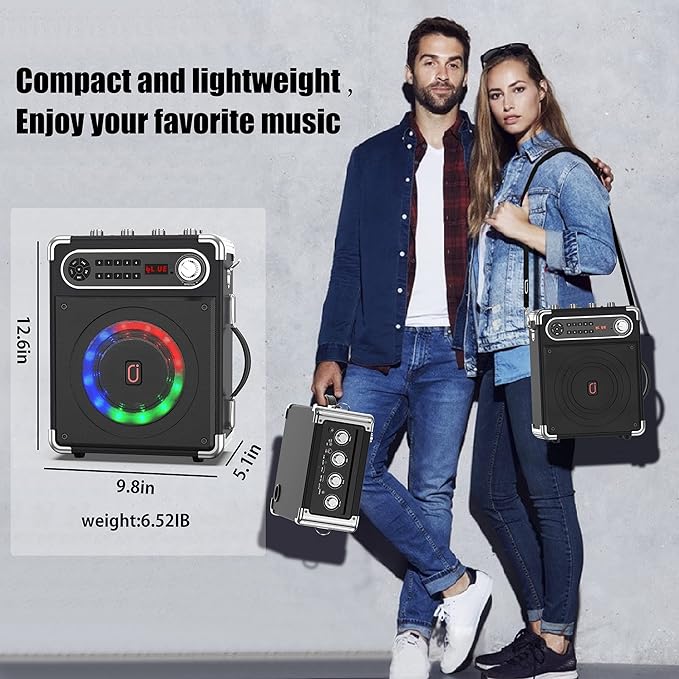 Bluetooth Speaker with Two Wireless Microphones, Outdoor Speaker with Subwoofer/Tweeter, Portable PA Speaker System with Remote Control, Discol Lights, FM, REC for Home, Party