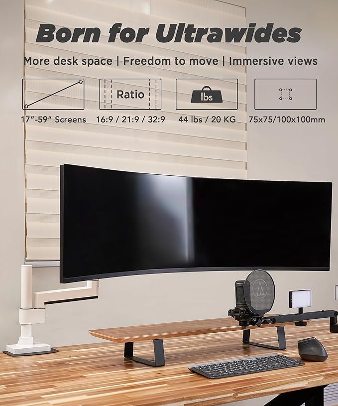 Heavy Duty Monitor Arm for Ultrawide Monitors up to 57" and 44 lbs, Single Desk Stand, Pneumatic Height Adjustable, Modular Extension Arms - Max VESA 100x100, White, MA20PW-S