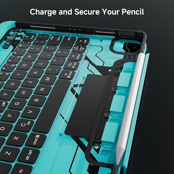 Keyboard Case for iPad 11 inch Pro 4/3/2/1st Gen & 11’’ iPad Air 2025 M3, 2024 M2 & 10.9" iPad Air 5th/4th Gen, 360° Rotating Stand Transparent Protective Cover with Pencil Holder (Cyan)