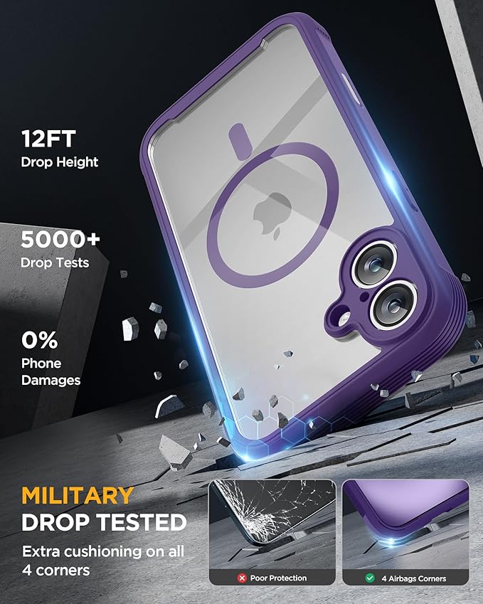 Miracase Magnetic for iPhone 16 Plus Case Full-Body Phone with Built-in Glass Screen Protector, [Compatible with MagSafe] Military Drop Proof 16 Plus Cover 6.7 inch, Purple