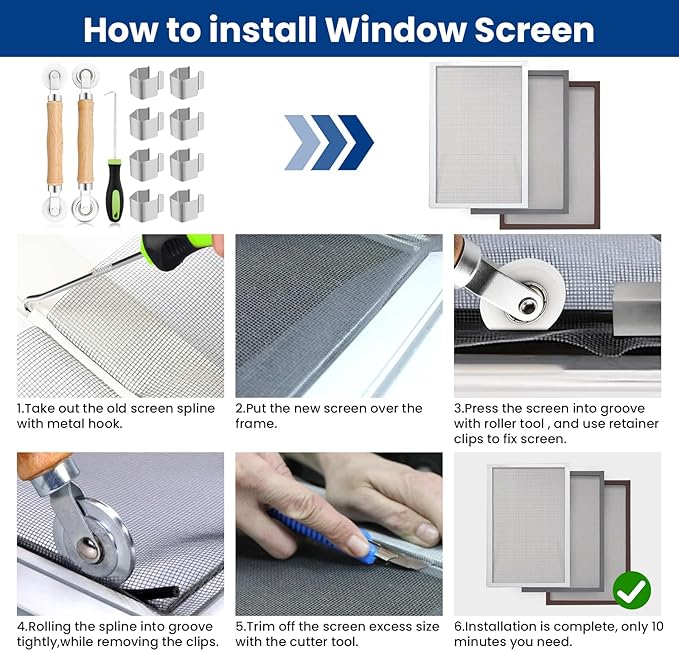 4 in 1 Screen Repair Kit, Screen Roller Tool Kit Inlcuded Metal/Nylon Screen Roller Tool, Spline Removal Hook and Screen Clips, Screen Repair Tool for Installing Door Window Mesh