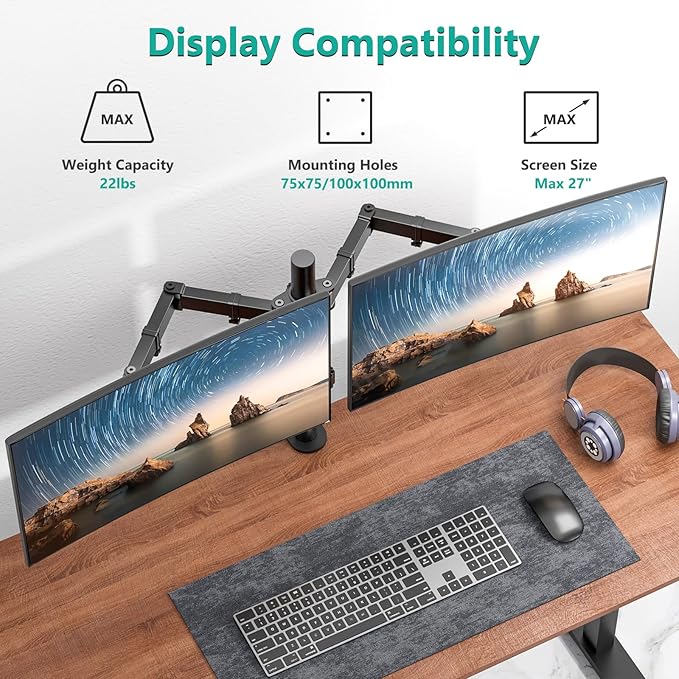 WALI Dual Monitor Stand for 13-27 inch Screens, Dual Monitor Mounts for 2 Monitors, 2 Monitor Desk Mount Holds up to 22 lbs, Height Adjustable Swivel Tilt Rotation, 75x75/100x100mm (M002), Black