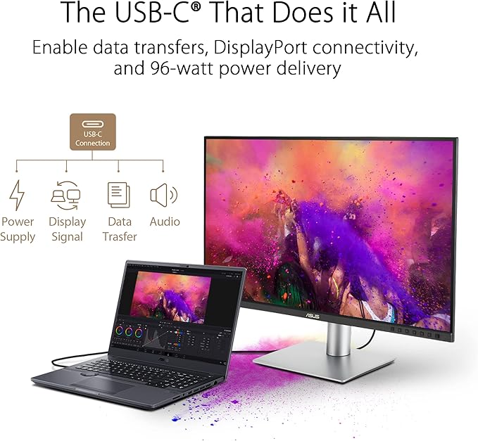 ASUS ProArt Display 27” 4K HDR Professional Monitor (PA279CRV) - IPS, UHD (3840 x 2160), 99% DCI-P3/Adobe RGB, ΔE < 2, Calman Verified, USB-C PD 96W, DisplayPort, Daisy-Chain, Ergonomic, 3yr Warranty