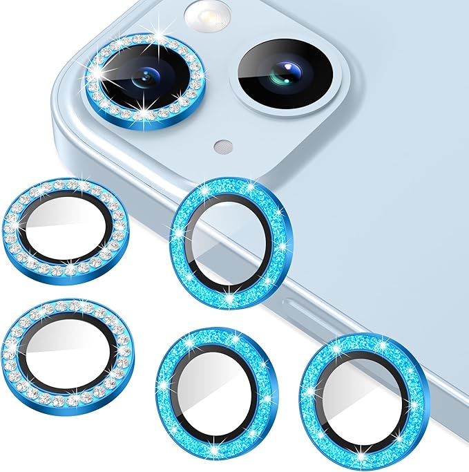 AGVEE 3+3 6 Pack for iPhone 15/15 Plus Camera Lens Protector, Bling Diamond & Bling Glitter Metal Ring 9H Tempered HD Glass Camera Protector Cover Film, Bling-Blue