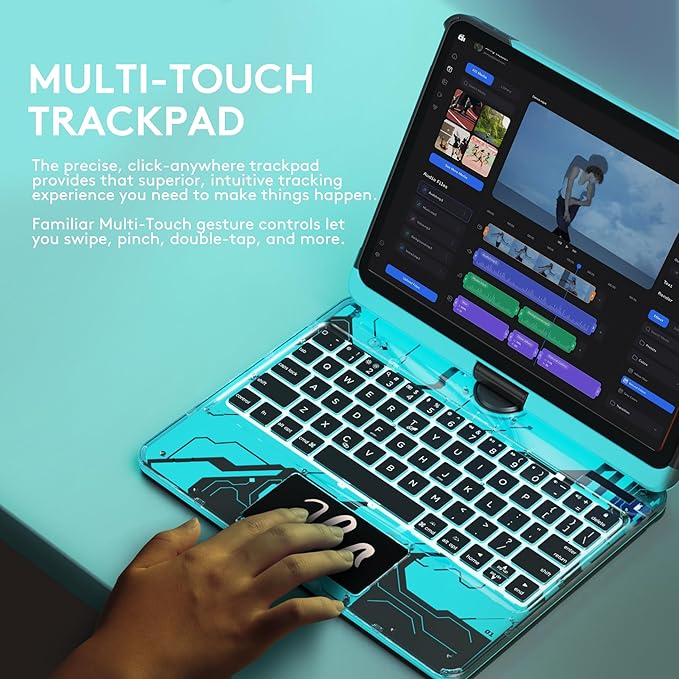 GUSGU Transparent Case with Wireless Keyboard only for 2024 iPad Pro 13-in.(M4), 7 Colors Backlight, Trackpad, 360°Rotating Stand for iPad Pro 13, Tech Style