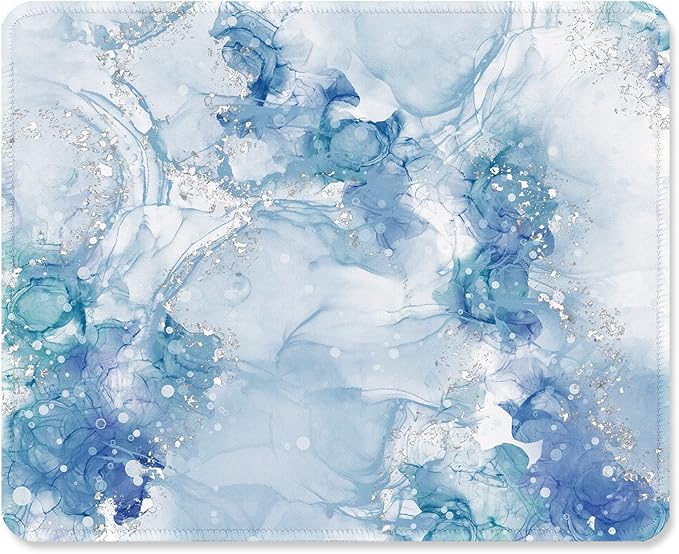 ITNRSIIET Mouse Pad with Stitched Edge Premium Textured Smooth Precise Operation Waterproof Washable Non-Slip Rubber Base Desktop Protection Mat, 10.2×8.3×0.12 inches, Blue Abstract Marble