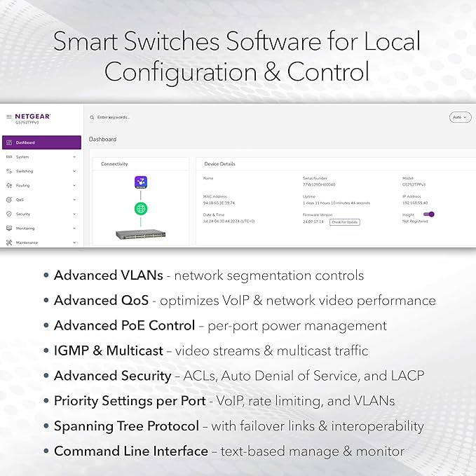 NETGEAR 26-Port PoE Gigabit Ethernet Smart Switch (GS724TP) - Managed, 24 x 1G, 24 x PoE+ @ 190W, 2 x 1G SFP, Optional Insight Cloud Management, Desktop or Rackmount, and Limited Lifetime Protection