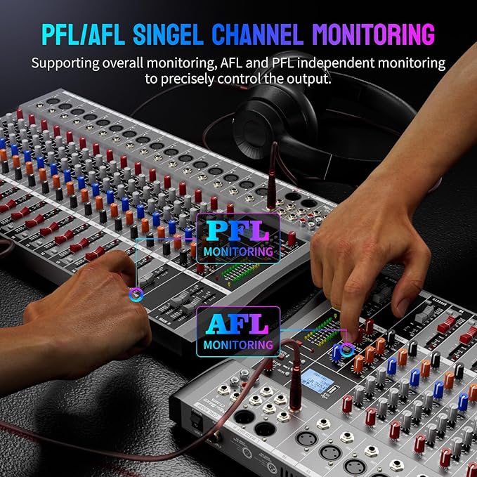 Professional DJ Audio Mixer,NEW BAXS 16 Channel DJ Bluetooth Controller Sound Mixer,USB Interface,16 XLR Mic/Line Input,AUX,FX Processor MP3 Player,+48V Phantom For Karaoke Studio Streaming Recording