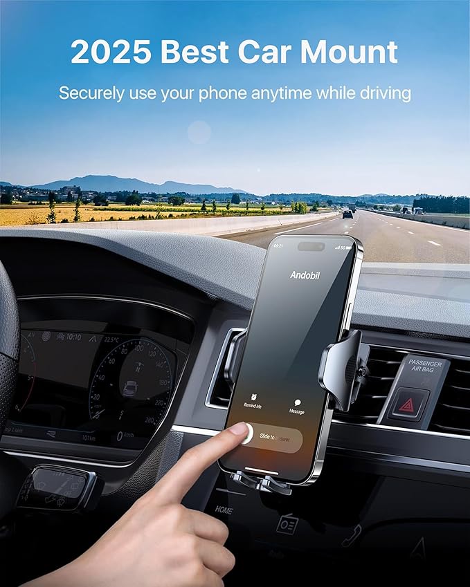 andobil Phone Holders for Your Car - Military Sturdy, Firmly Grip, Never Slip, Car Vent Phone Holder Mount, Phone Mount for Truck Compatible with iPhone 16 15 14 13 12 Pro Max Samsung S24, Sliver