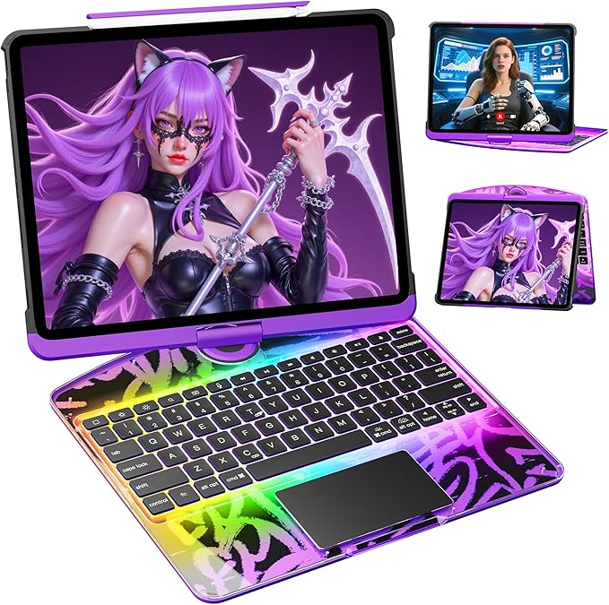 KITONE Transparent Case with Wireless Keyboard for iPad Air 13-in.(M3/M2, 2025/2024), 7 Colors Backlight, Trackpad, 360°Rotating Stand for iPad Pro 12.9-in (6/5/4/3 Gen), Tech Style