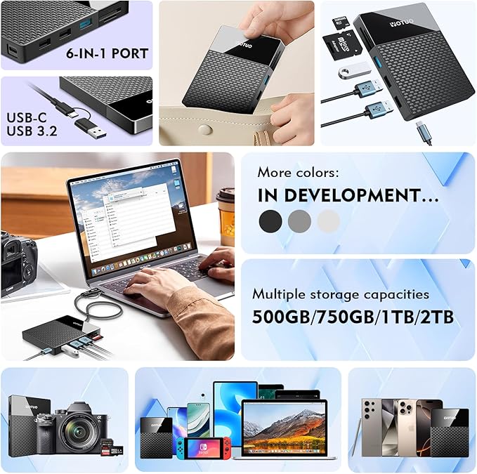 Portable 750GB Docking Station External Hard Drive, USB C Multiport Hub HDD 7-in-1, USB 3.0, SD/TF Card Reader, for Windows, Mac, Android, TV, Phone, Laptop, Desktop