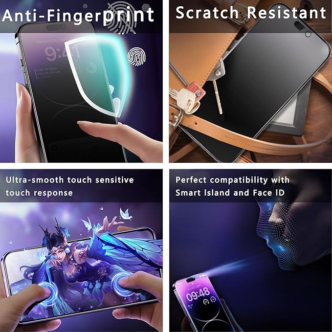 2 Pack Matte Privacy Screen Protector for iPhone 15 Pro Max, 9H Tempered Glass, Full Coverage, Anti-Fingerprint, Auto Dust-Elimination, No Bubble, Easy Installation