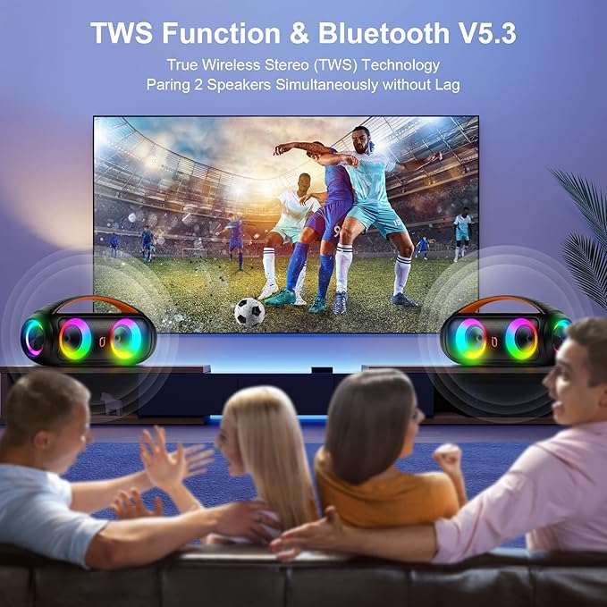 Portable Bluetooth Speaker, Loud Boombox Speaker with Subwoofer, Powerful Deep Bass Stereo Sound, IP65 Waterproof, Wireless Outdoor Speaker for Camping, Beach, Party, Support TWS/USB/TF Card/AUX