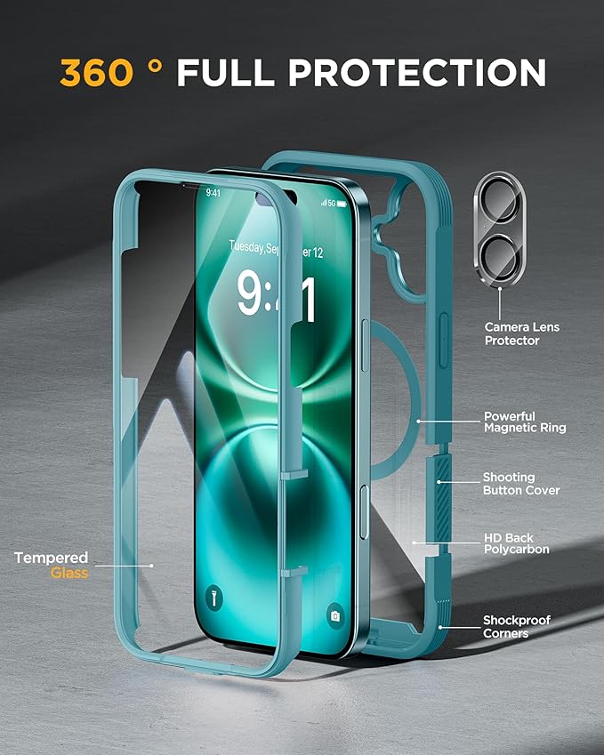 Miracase for iPhone 16 Case 6.1'', [Bubble Free] Full-Body Bumper Phone case with Built-in Full Glass Screen &Lens Protector,No Gap,Compatible with MagSafe,Drop Proof 16 Cover,Green