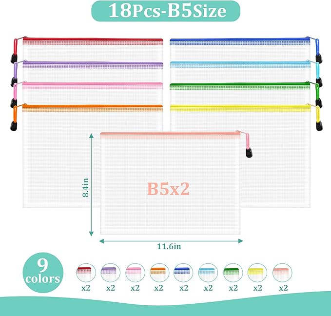 18pcs Mesh Zipper Pouch Bags, B5 Mesh Pouch, 9 Color Zipper Pouches for Organizing, Board Game Storage, Travel, School, Office