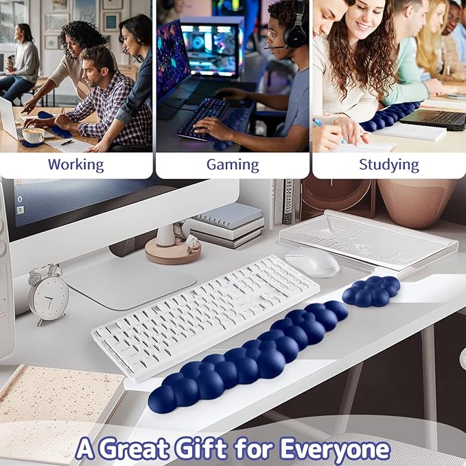 Cloud Wrist Rest for Keyboard and Mouse, Memory Foam PU Leather Keyboard Wrist Rest with Ergonomic Support, Non-Slip Base, Cute Arm Rest Pad & Palm Cushion, Office Desk Accessory, Dark Blue