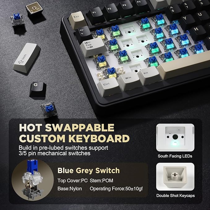 YUNZII B75 Mechanical Keyboard,75% Layout with Knob,Hot Swappable RGB Backlit Gasket Mounted, Creamy Typing, Double-Shot PBT Keycaps,Cherry Profile,for Win/Mac (Black, Blue Grey Tactile Switch)
