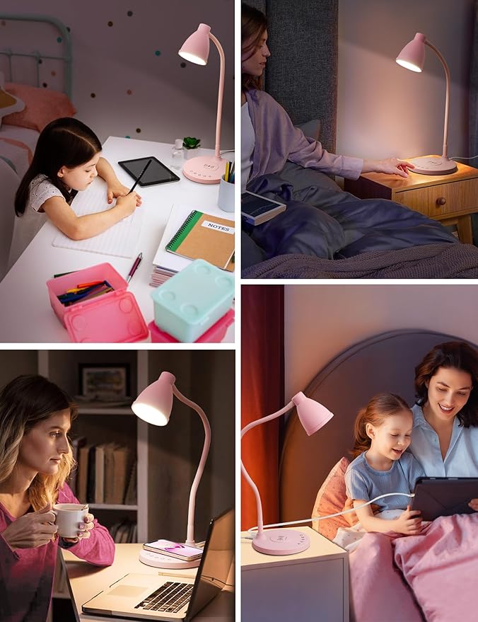 BOHON Cute Desk Lamp with USB C+A Charging Ports, Wireless Charger Pink Lamp, 5 Colors Stepless Dimming Reading Light, Touch Bedside Table Lamp, LED Desk Light for Home Office College Dorm Room Pink