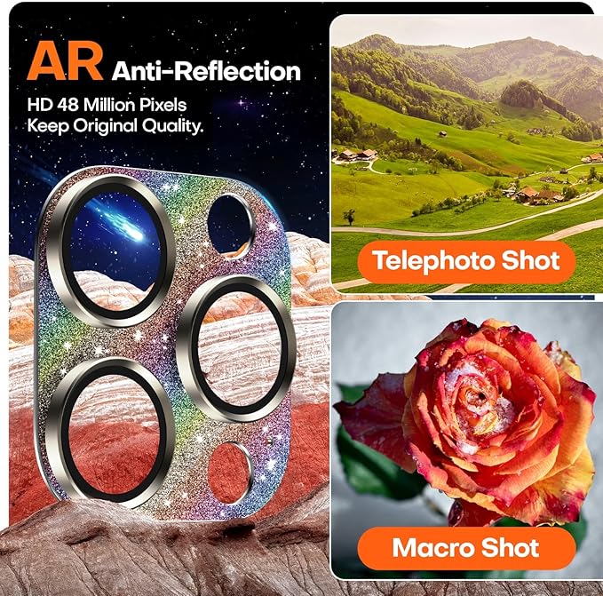 Camera Lens Protector for iPhone 16 Pro Max/16 Pro/iPhone 15 Pro Max/15 Pro/iPhone 14 Pro Max/14 Pro, Aluminum Alloy Sapphire Glass Camera Screen Cover, Case Friendly- Glitter Colorful