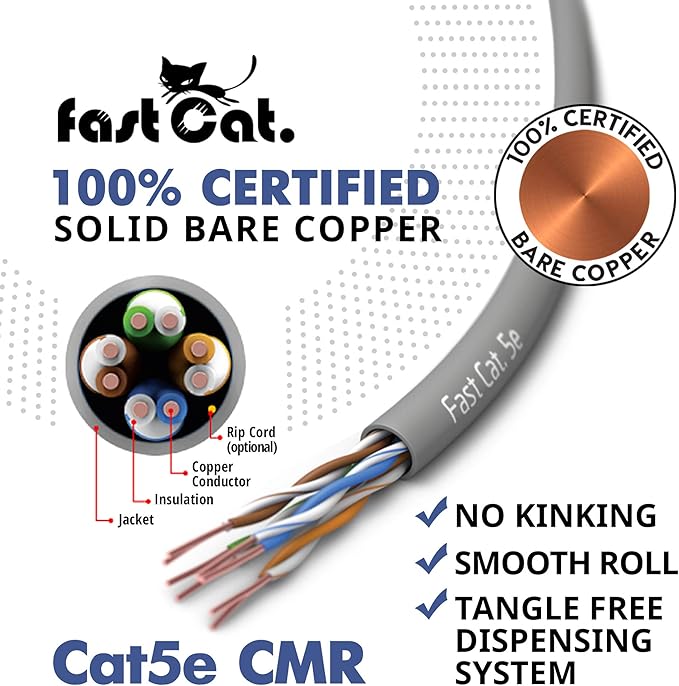 fast Cat. Cat5e Ethernet Cable 1000ft - 24 AWG, CMR, Insulated Bare Copper Wire Cat 5 ethernet Cable with FastReel - 350MHZ / Gigabit Speed UTP Cable Cat5e - CMR (Yellow)