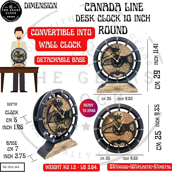ImprovingLife The Gears Clock Desk Clock 10 inches with Real Moving Gears Convertible into Wall Clock (Desert Beige)