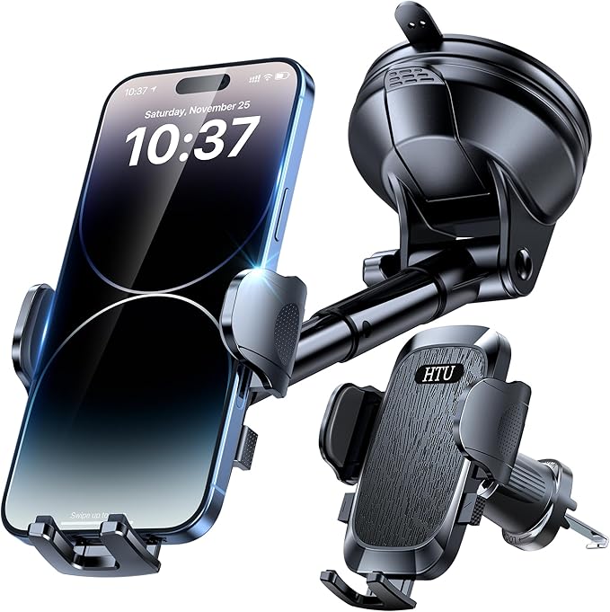 [2025 True Military-Grade] Car Phone Holder [Upgraded Strongest Suction & Clip] Cell Phone Mount for Dashboard Windshield Vent,Truck Cradle Stand for iPhone 16 Pro Max Samsung Android (Black)