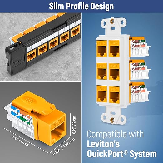 Everest 45° Angled RJ45 Cat6 Keystone Jacks 10-Pack in Yellow - Slim Profile Female RJ45 Connectors - Cat 6 Keystone Jack - Compatible with 45° Angled Speed Termination Tool - 45Term (B0BL3GS7ZY)