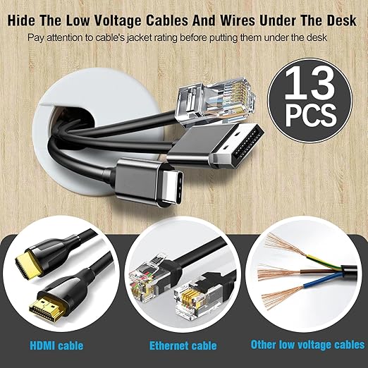 2" White Desk Grommet with Bi-Metal Hole Saw, JTemgle Plastic Cable Hole Cover Computer Table Cord Wire Organizer Caps, Desktop Cord Management for Home Office TV Stands Tabletops, 13 Pieces