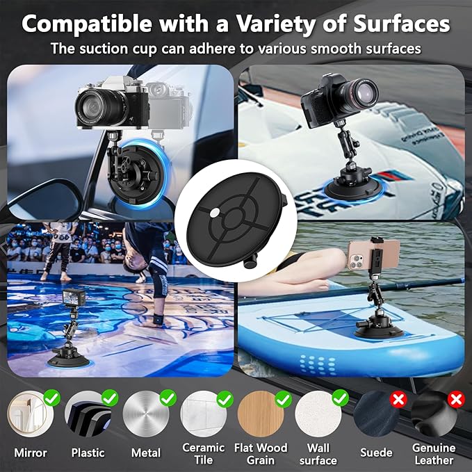 Camera Suction Cup Mount with Ball Head Magic Arm,4.5" Metal Vacuum Suction Cup Mount Car Windshield Dash Mount for Action Camera/Phone Holders with 1/4",1/8" Holes(Black)