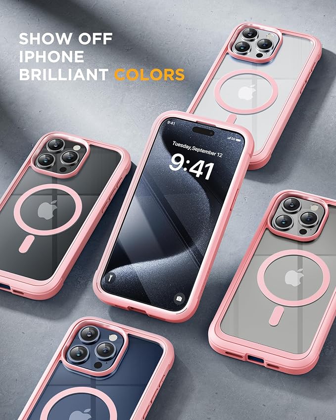 Miracase Magnetic for iPhone 15 Pro Max Case 6.7'' [Compatible with Magsafe] Full-Body Military Drop Proof for iPhone 15 ProMax Case with Built-in 9H Tempered Glass Screen Protector,Pink