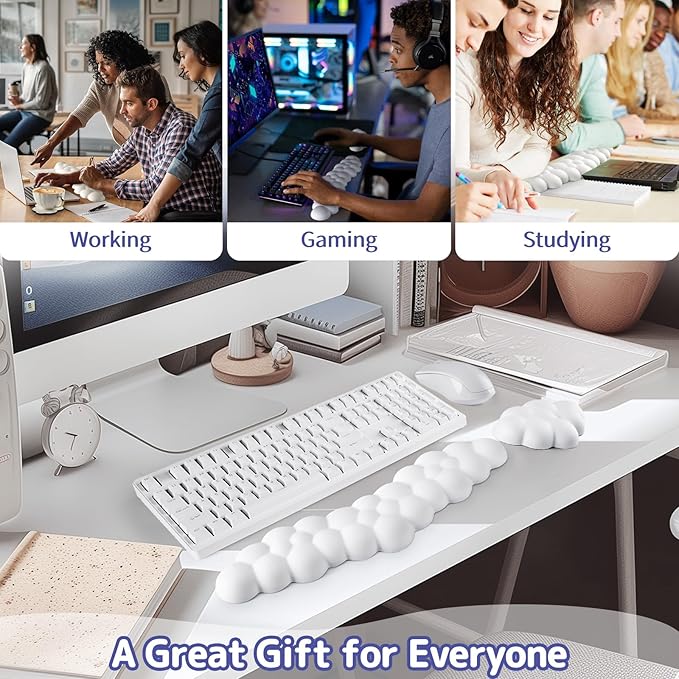 Cloud Wrist Rest for Keyboard and Mouse, Memory Foam PU Leather Keyboard Wrist Rest with Ergonomic Support, Non-Slip Base, Cute Arm Rest Pad & Palm Cushion, Office Desk Accessory, White