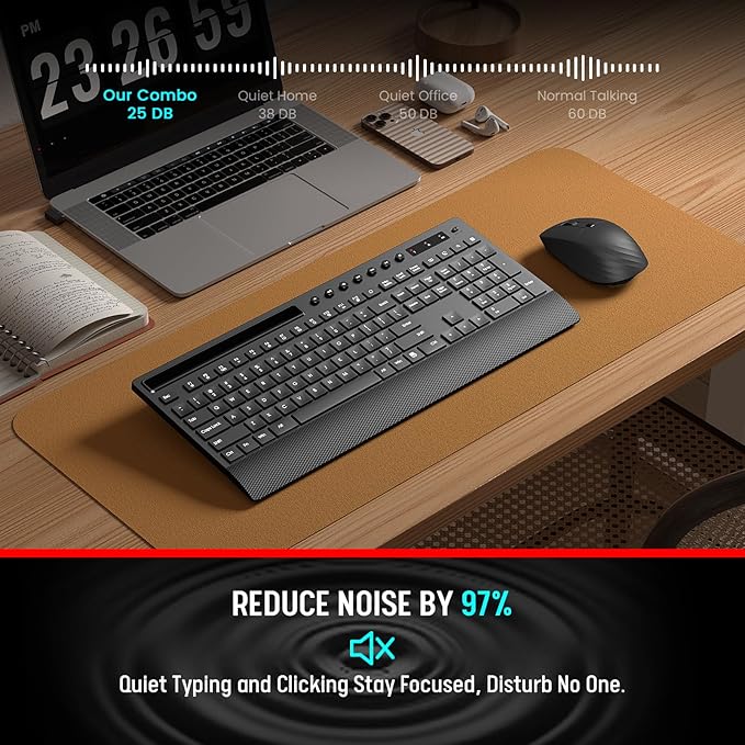 Trueque Wireless Keyboard and Mouse Combo - Full-Size Quiet Keyboard with Palm Rest, Phone Holder, Multimedia Keys, Power Switch, Compatible with Windows, Chrome OS, PC, Laptop (Batteries Included)