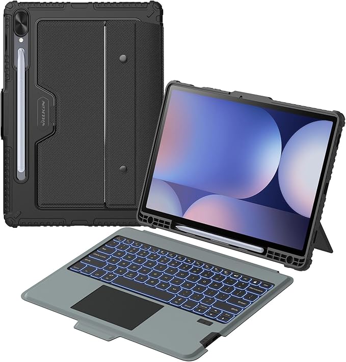 Nillkin for Samsung Galaxy Tab S10 Plus/S9 Plus 12.4" Case with Detachable Keyboard, 7-Color Backlit, Trackpad, S Pen Holder, Rugged Keyboard Case with Camera Cover for Samsung Tablet S9+/S10+ 5G