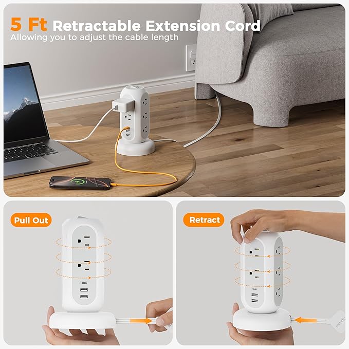 Surge Protector Power Strip Tower, TESSAN 5 FT Retractable Extension Cord with Multiple Outlets, 11 Outlets with 3 USB (1 USB C) Charging Station, 1050J, Office Desk Supplies, Dorm Essentials
