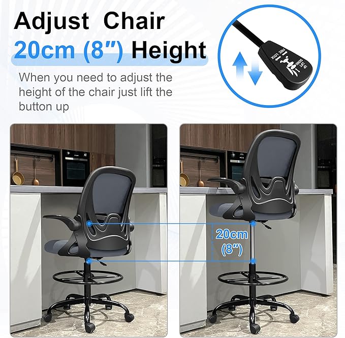 Primy Drafting Chair Tall Office Chair with Flip-up Armrests Executive Ergonomic Computer Standing Desk Chair with Lumbar Support and Adjustable Footrest Ring（Dark Gray）